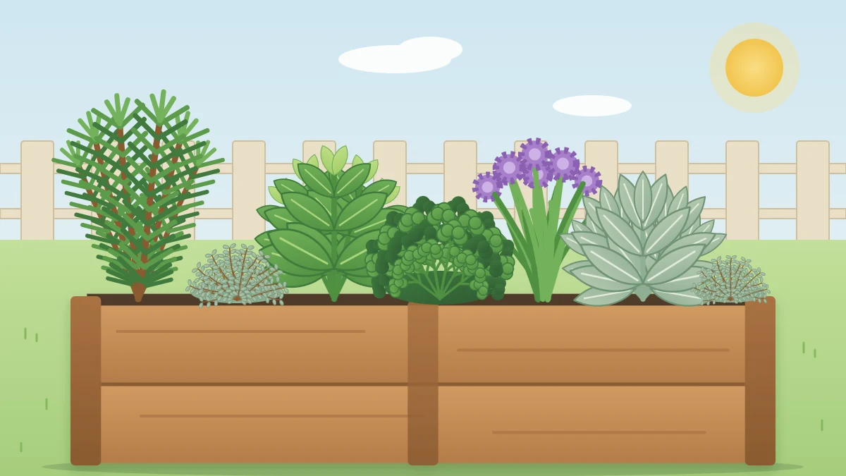 A raised bed full of herbs including upright rosemary, low thyme, broad-leaved basil, curly parsley, flowering chives and gray-green sage