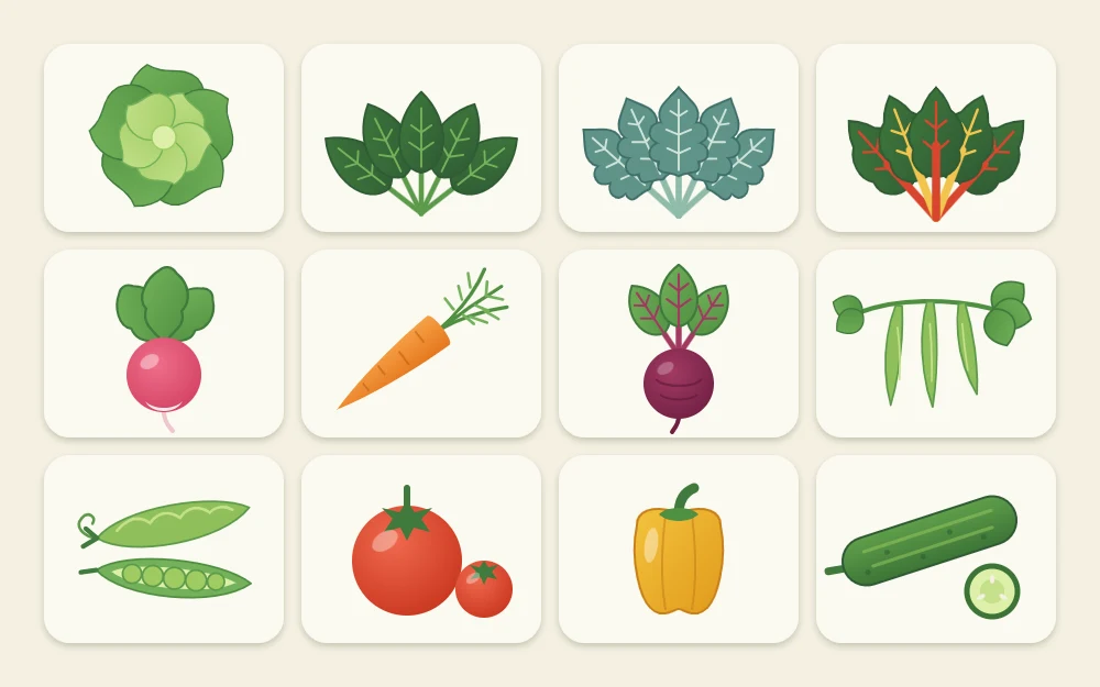 A grid of twelve tiles, each with one vegetable: lettuce, spinach, kale, chard, radish, carrot, beet, beans, peas, tomato, pepper, cucumber