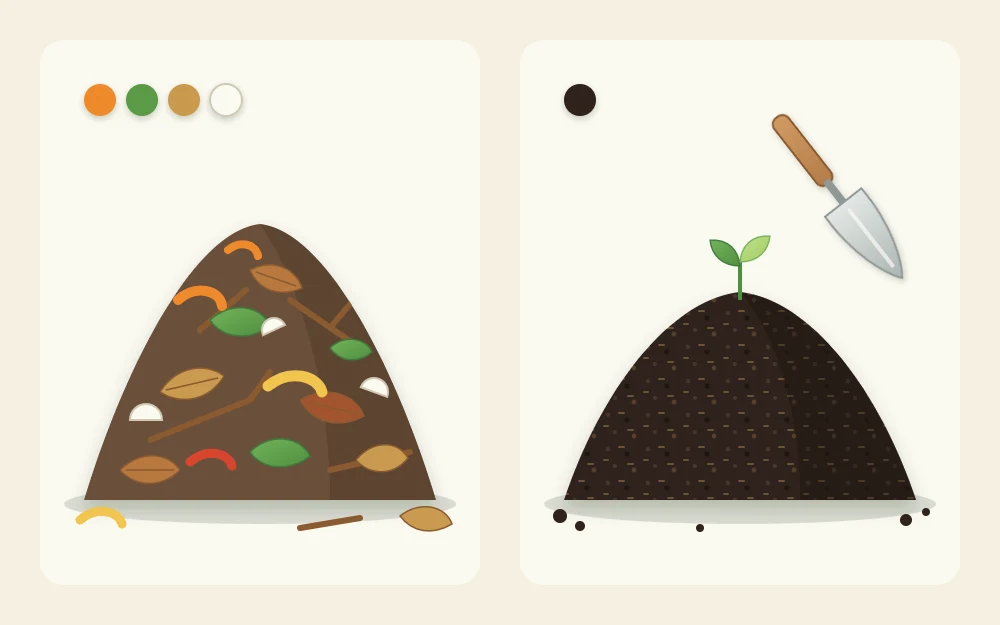 Two heaps side by side: unfinished compost with visible leaves, peelings and twigs, and dark, fine, even finished compost