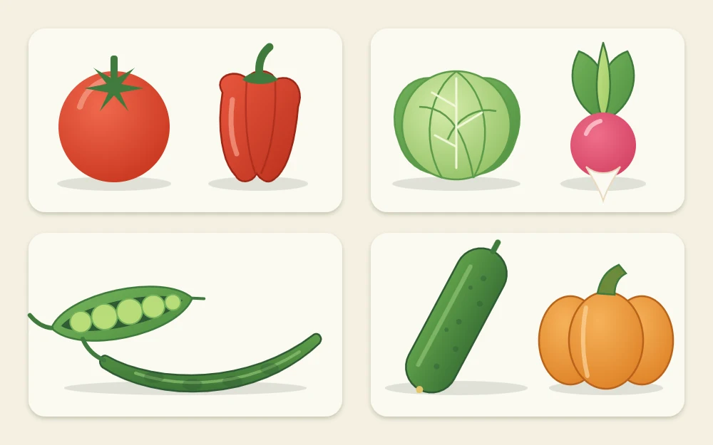 Four tiles showing crop families by two members each: tomato and pepper, cabbage and radish, pea and bean pods, cucumber and squash