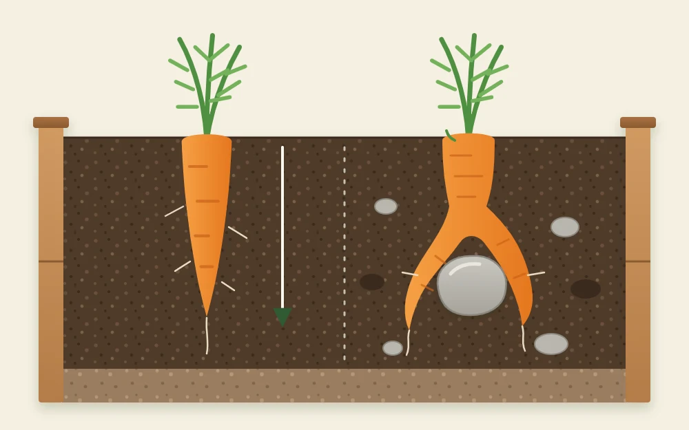 A straight healthy carrot beside a forked, twisted carrot that has grown around a stone in the soil