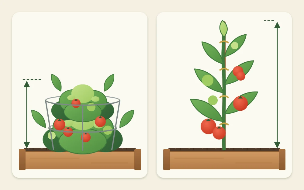 Two tomato plants side by side: a short bushy plant in a low cage and a tall vining plant tied to a single tall stake