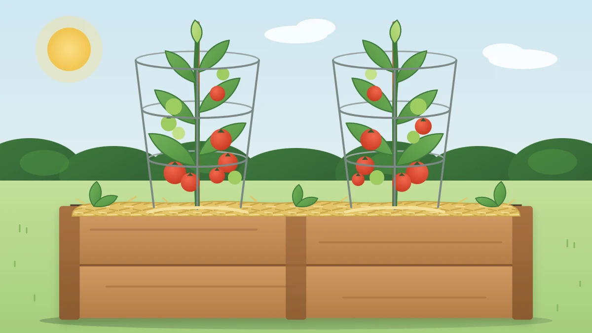 Two tall tomato plants in wire cages in a wooden raised bed with clusters of red and green fruit and straw mulch on the soil