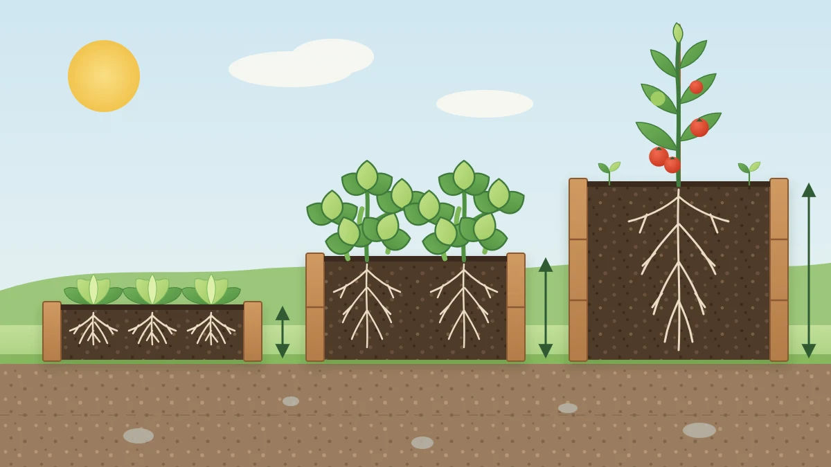 Cutaway of three raised beds, low, medium and tall, holding lettuce, bush beans and a tomato plant with roots filling each depth