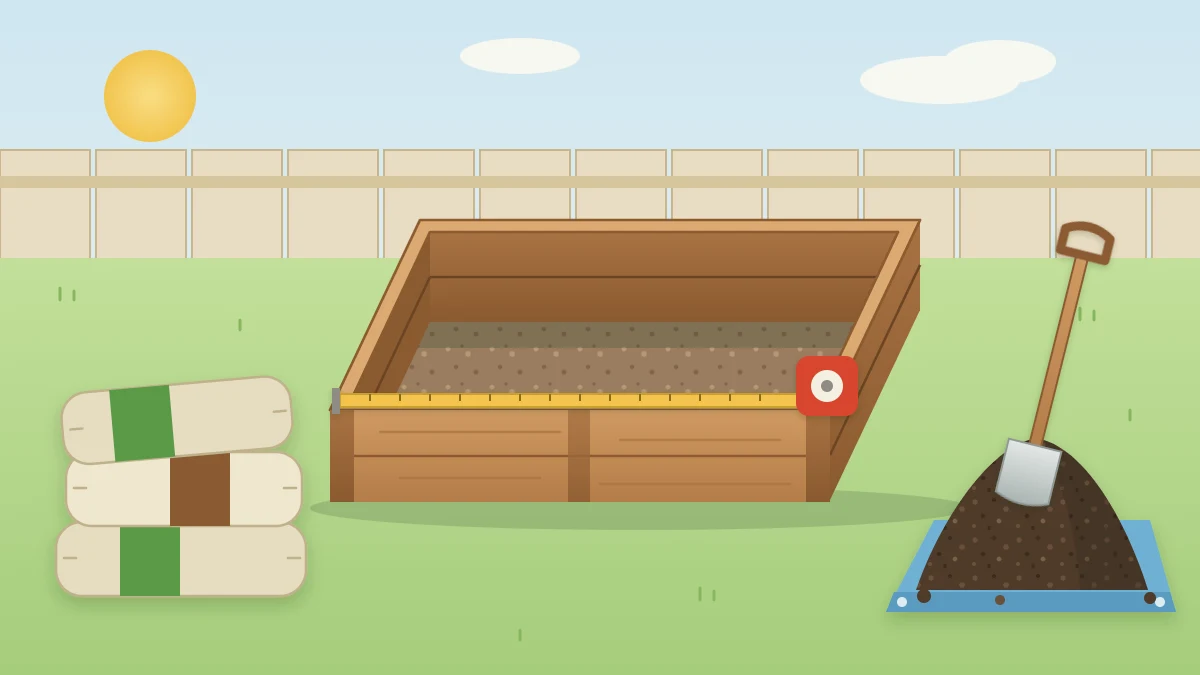 An empty wooden raised bed with a tape measure along its length, a stack of soil bags on one side and a heap of bulk soil on a tarp
