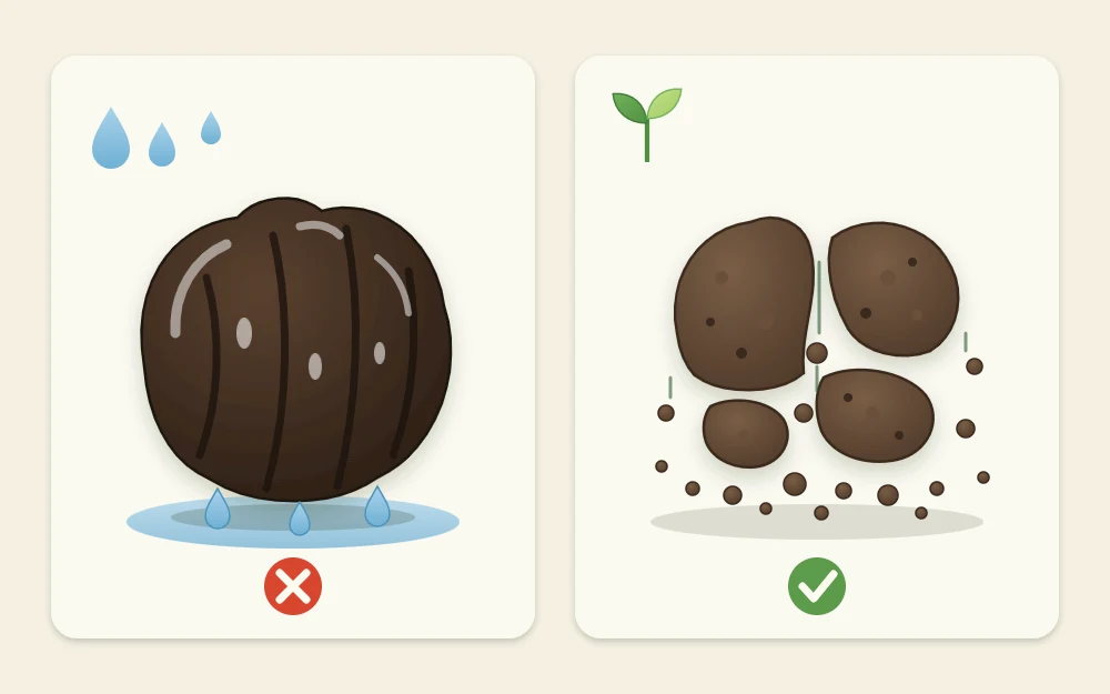 Two handfuls of soil compared: a wet shiny clump holding its shape and a moist crumbly handful breaking apart