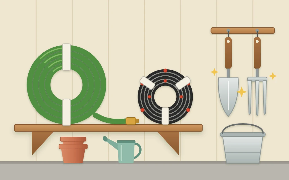 A coiled garden hose and a rolled-up drip line stored on a shelf beside a clean trowel and garden fork