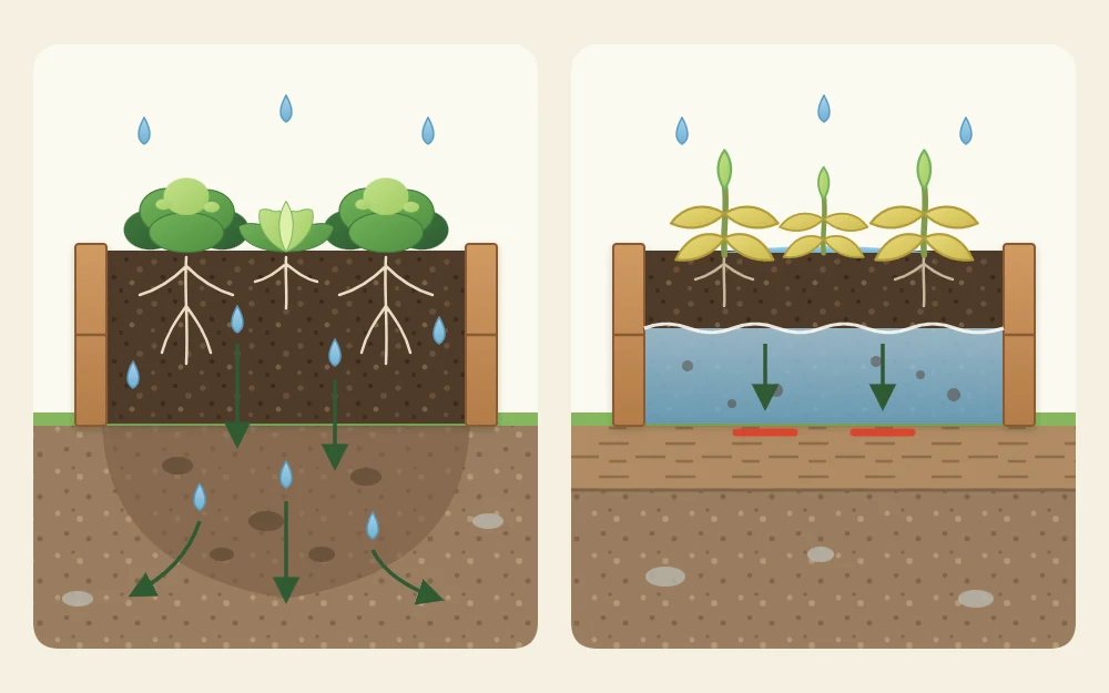 Cutaway of two beds: water passing through loose fill into loosened ground, and water pooled above a compacted layer