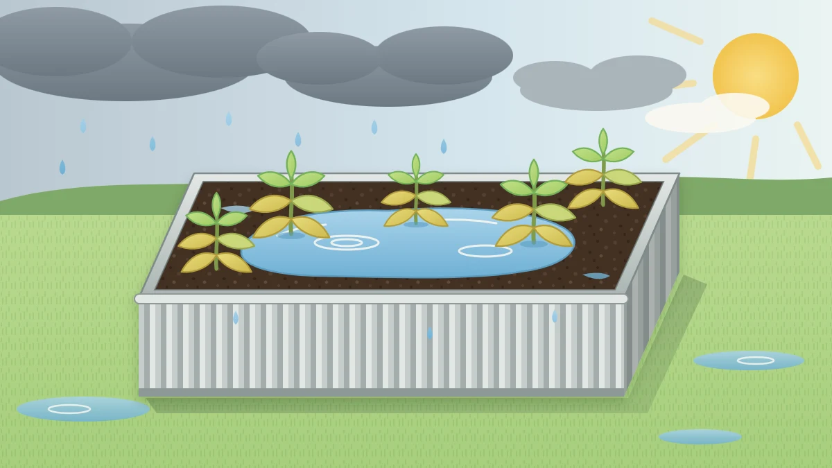 A raised bed after rain with a puddle on the soil surface around a few yellowing plants and dark clouds clearing above