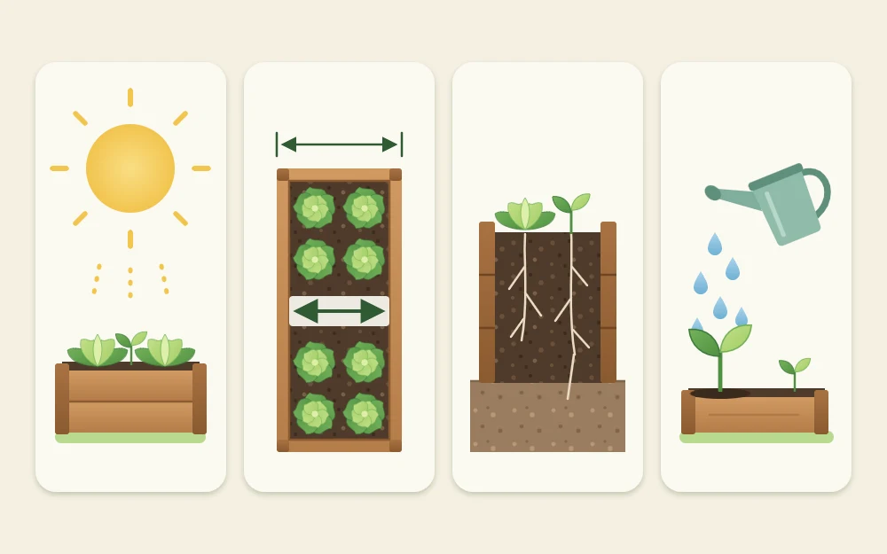 Four tiles in a row: sun above a bed, a reach arrow across a bed, a cutaway of dark soil, and a seedling being watered