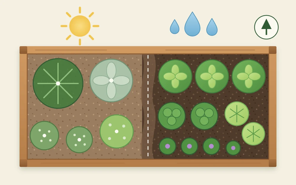 Top view plan of a rectangular bed in two soil tones, with circles for woody herbs at the drier end and leafy herbs at the moister end