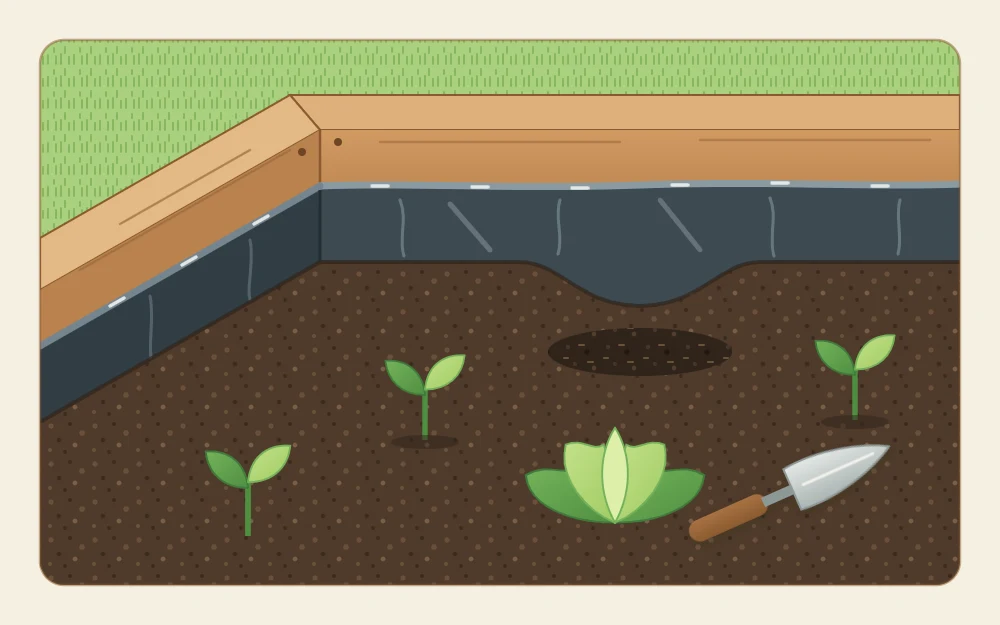 Inside corner of a wooden raised bed with a sheet of heavy plastic liner between the boards and the soil
