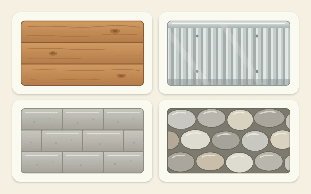 Four material swatches as tiles: wood grain boards, corrugated metal, stacked masonry blocks and rounded stones