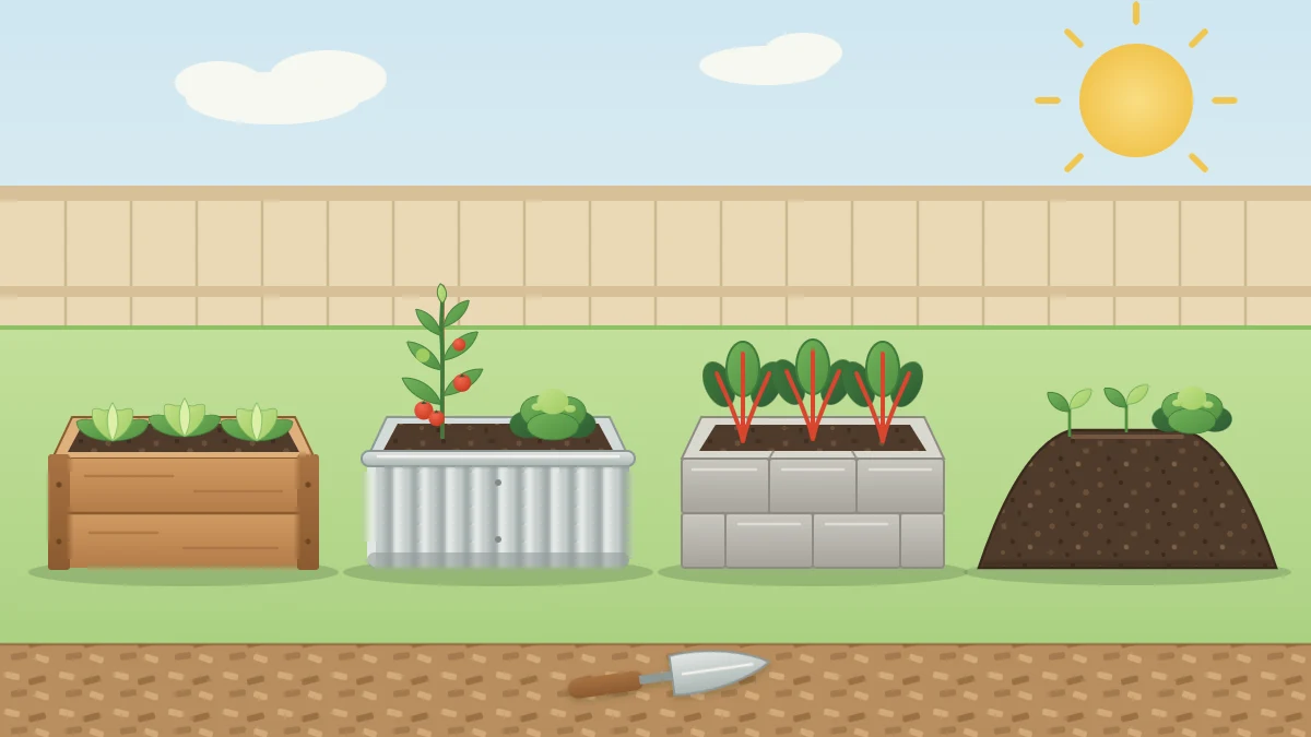 Four short raised beds in a row: warm cedar boards, corrugated galvanized steel, gray masonry blocks and an unframed soil mound