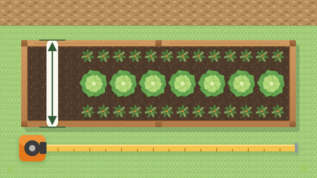 A long rectangular raised bed seen from above with an arrow across its width and a tape measure along one edge