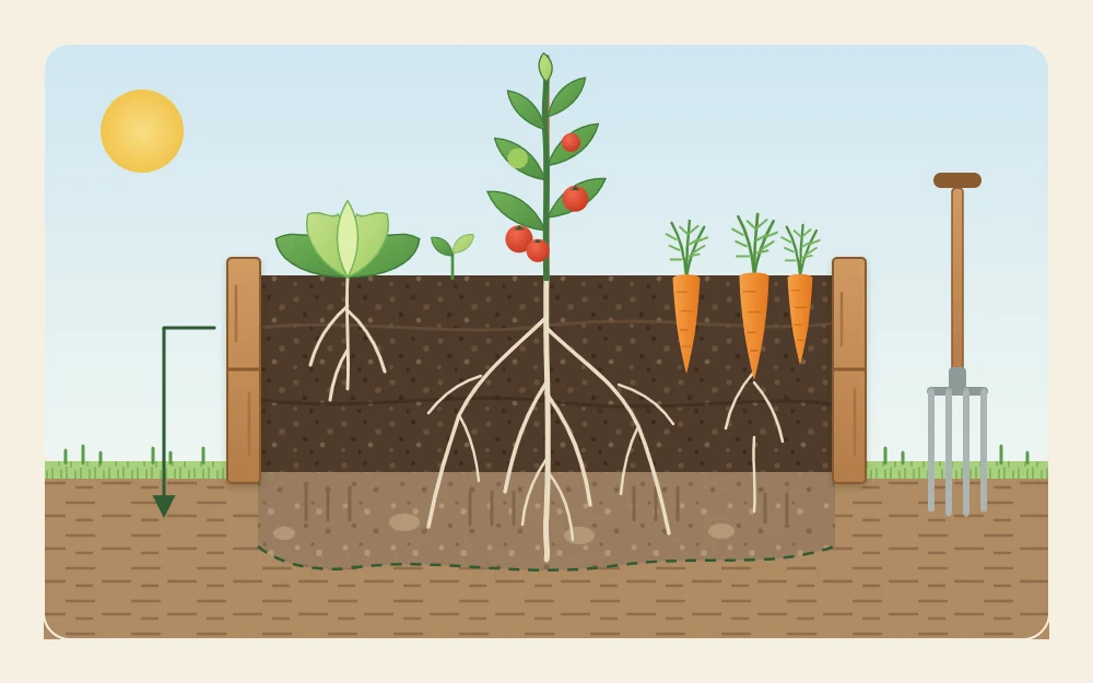 Cutaway of a filled raised bed on native ground, with blended fill above, loosened soil below and roots passing between them