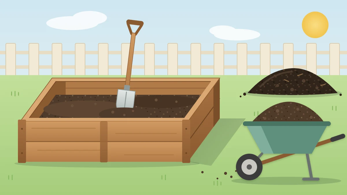 Half-filled wooden raised bed beside a wheelbarrow of dark soil, a pile of compost and a shovel standing in the soil