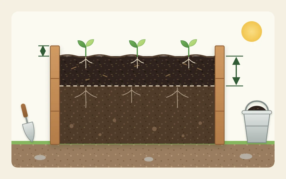 Cutaway of a bed with the old soil level as a lower band and a fresh darker layer added on top to near the rim