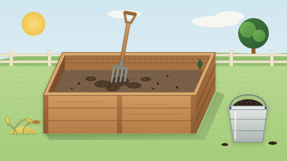 A raised bed with soil sunk well below the rim, a garden fork loosening the surface and a bucket of compost beside it