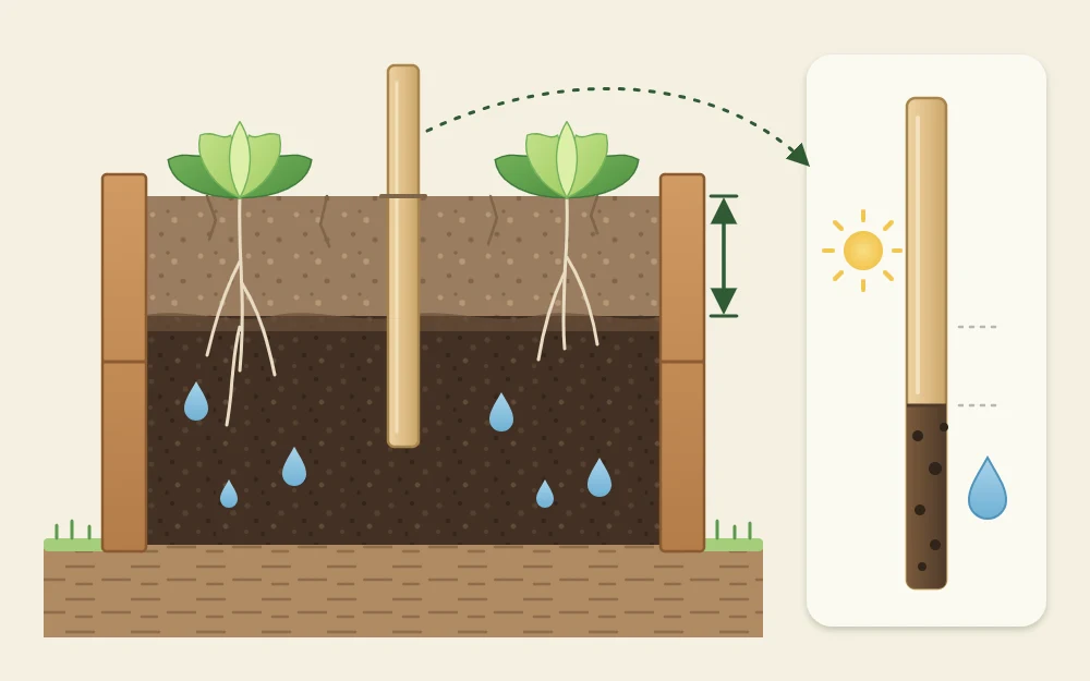 Cutaway of raised bed soil with a wooden dowel pushed in, pale dry soil on top and darker moist soil lower down