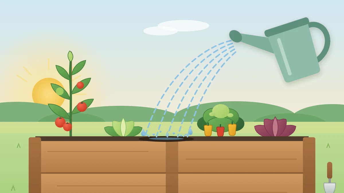 A watering can with a rose head pouring a gentle shower onto the soil around vegetable plants in a raised bed in morning light