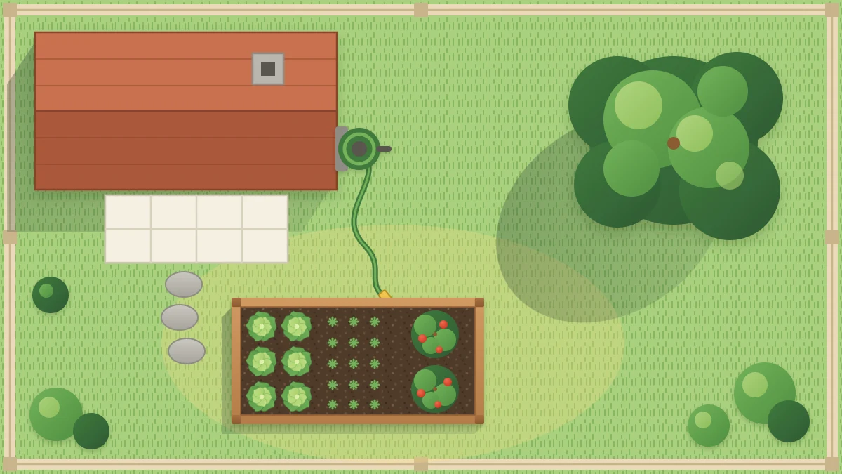 Bird's-eye view of a backyard with a house, a large tree casting a shadow, a hose reel and a raised bed in the open sunny lawn